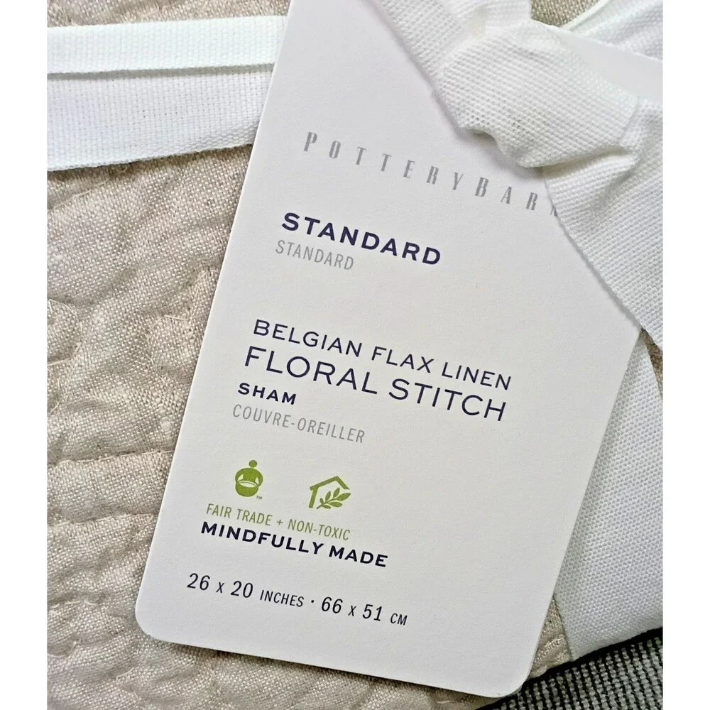 1 Pottery Barn Belgian Flax Linen Floral Stitch Standard Sham 26x20 NEW